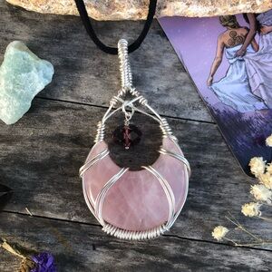 Wire Wrapped Rose Quartz Crescent Moon Crystal Pendant Necklace